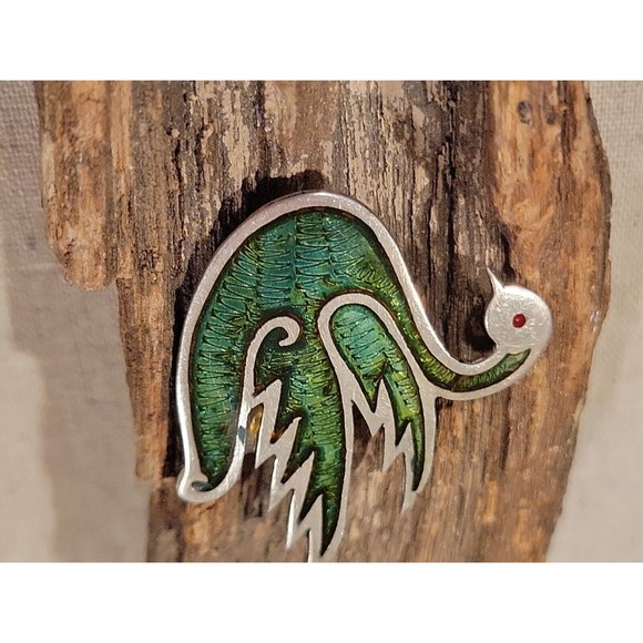 Vintage 925 Sterling Silver Inlay Swan Brooch Artist Signed JS Taxco Mexico MCM - Picture 3 of 8